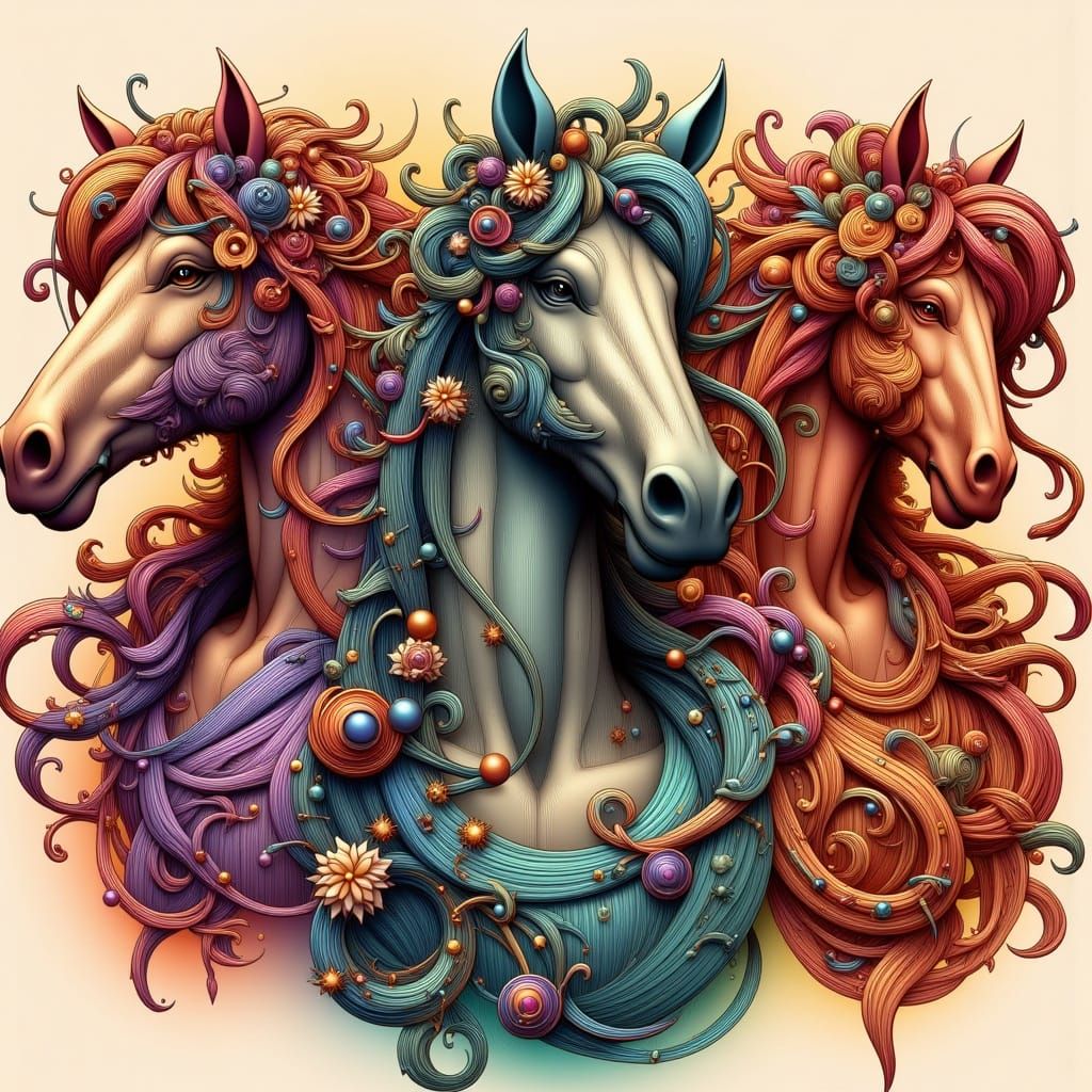 Horses with Art Nouveau Punk Curly Hair