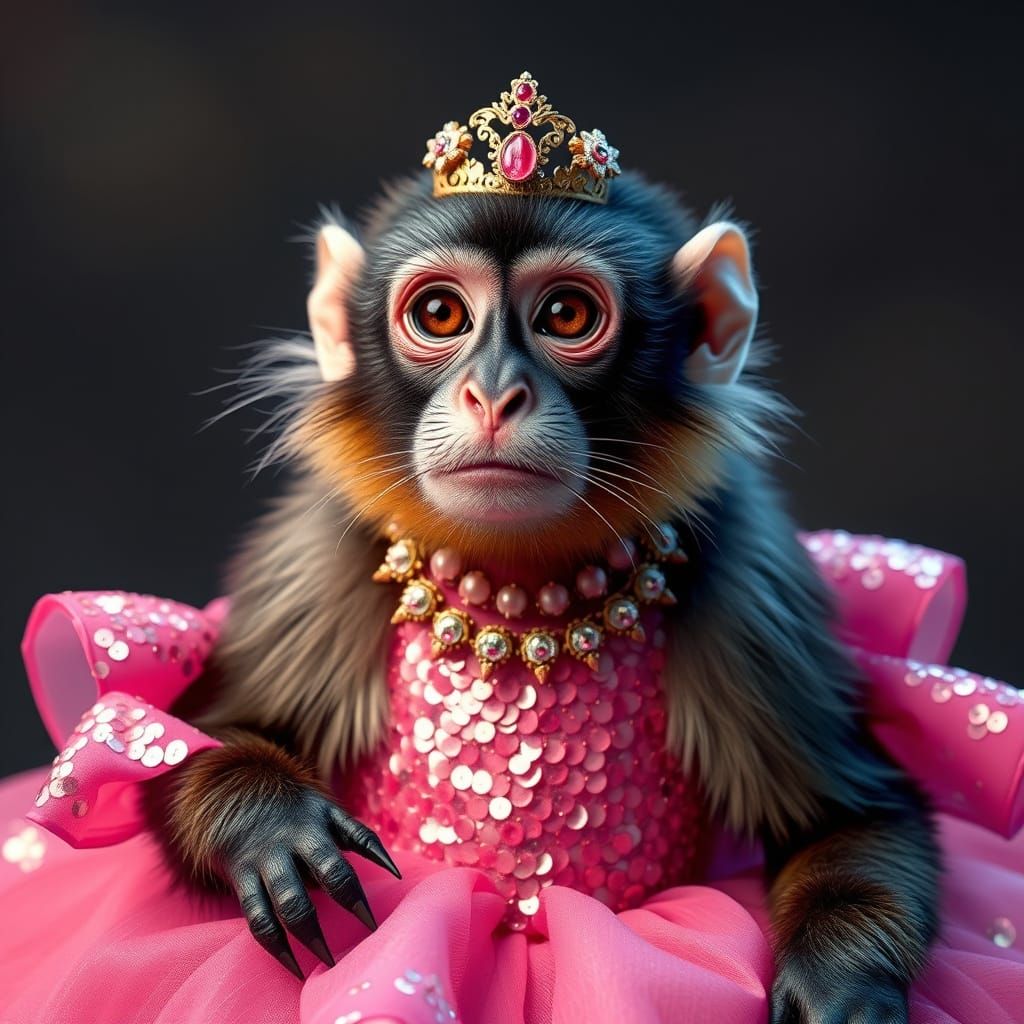 Emperor Tamarin Monkey in Pink Sequin Gown