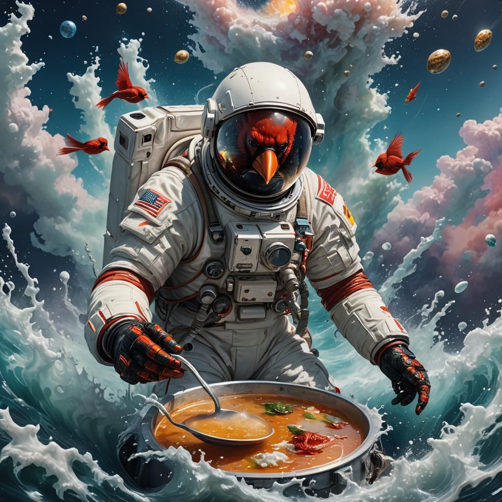 Cardinal Astronaut in Deep Ocean: Hyperrealistic Splash Art