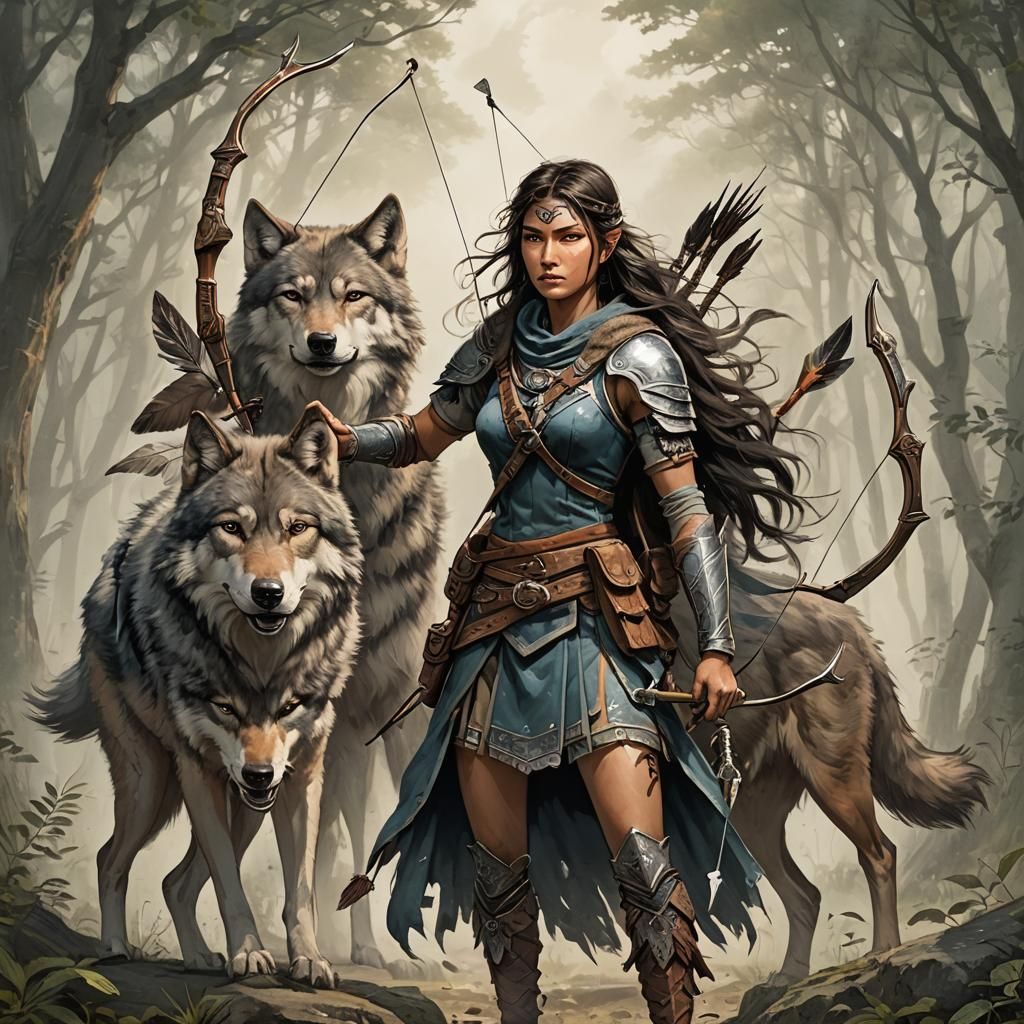 Female Warrior Archer with Wolf Spirit