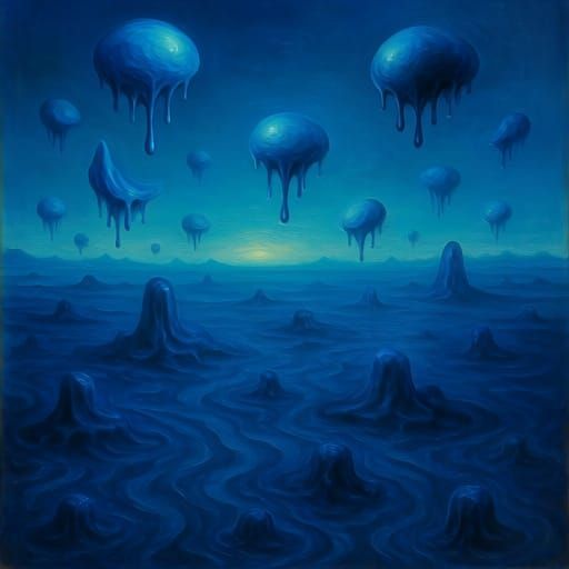 Surreal Blue Dreamscape with Floating Objects