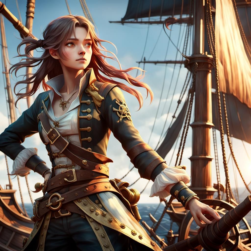 Anime Pirate Woman Gazing from Galleon Bow