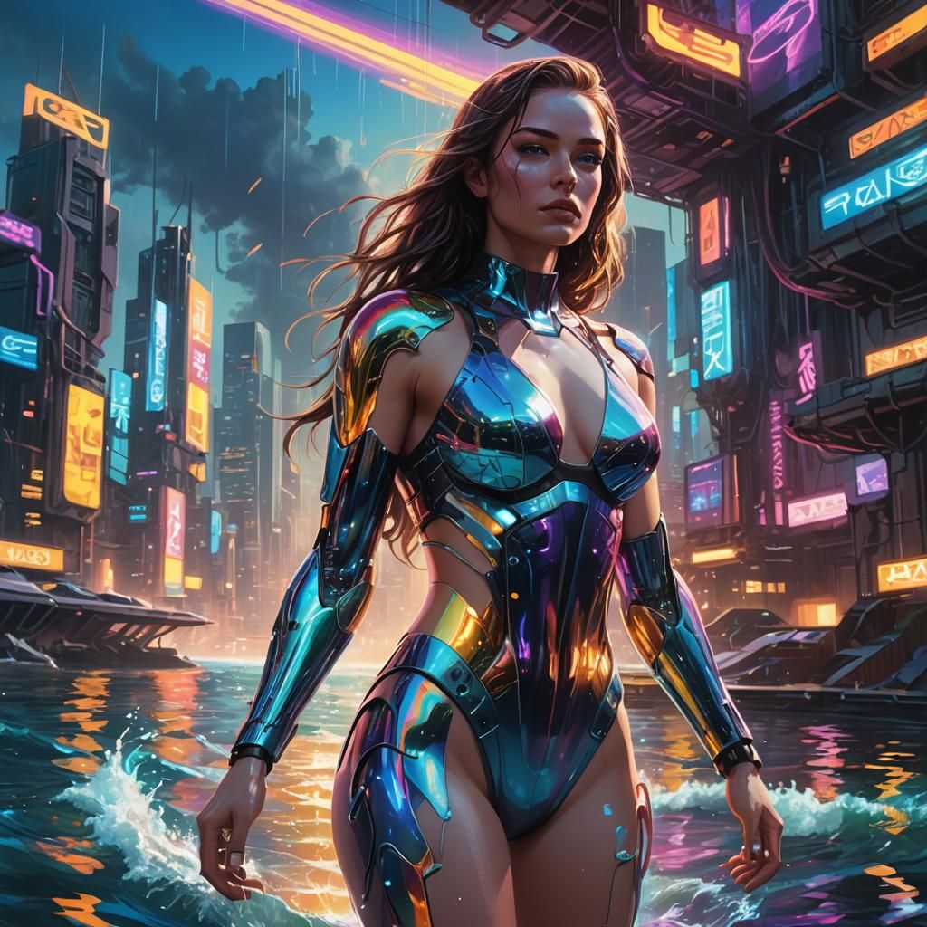 Cyberpunk Fantasy Character on Beach in Oil Painting Style