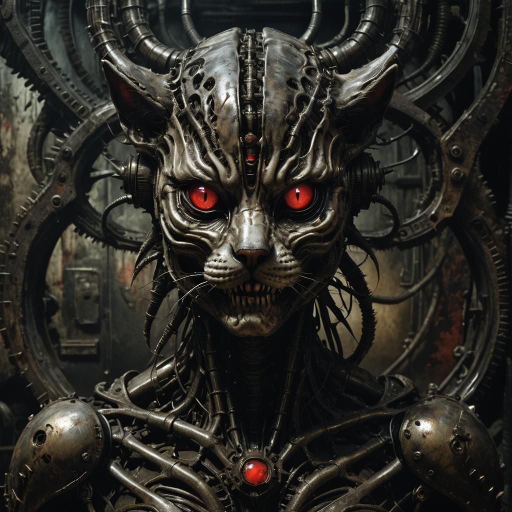Biomechanical Cat in Giger Style Industrial Horror