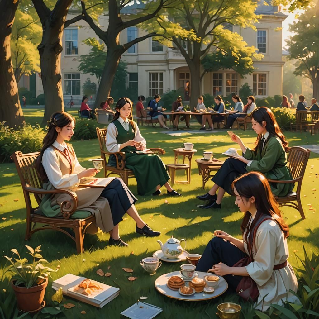 Fantasy Art of Girls and Teacher on College Lawn