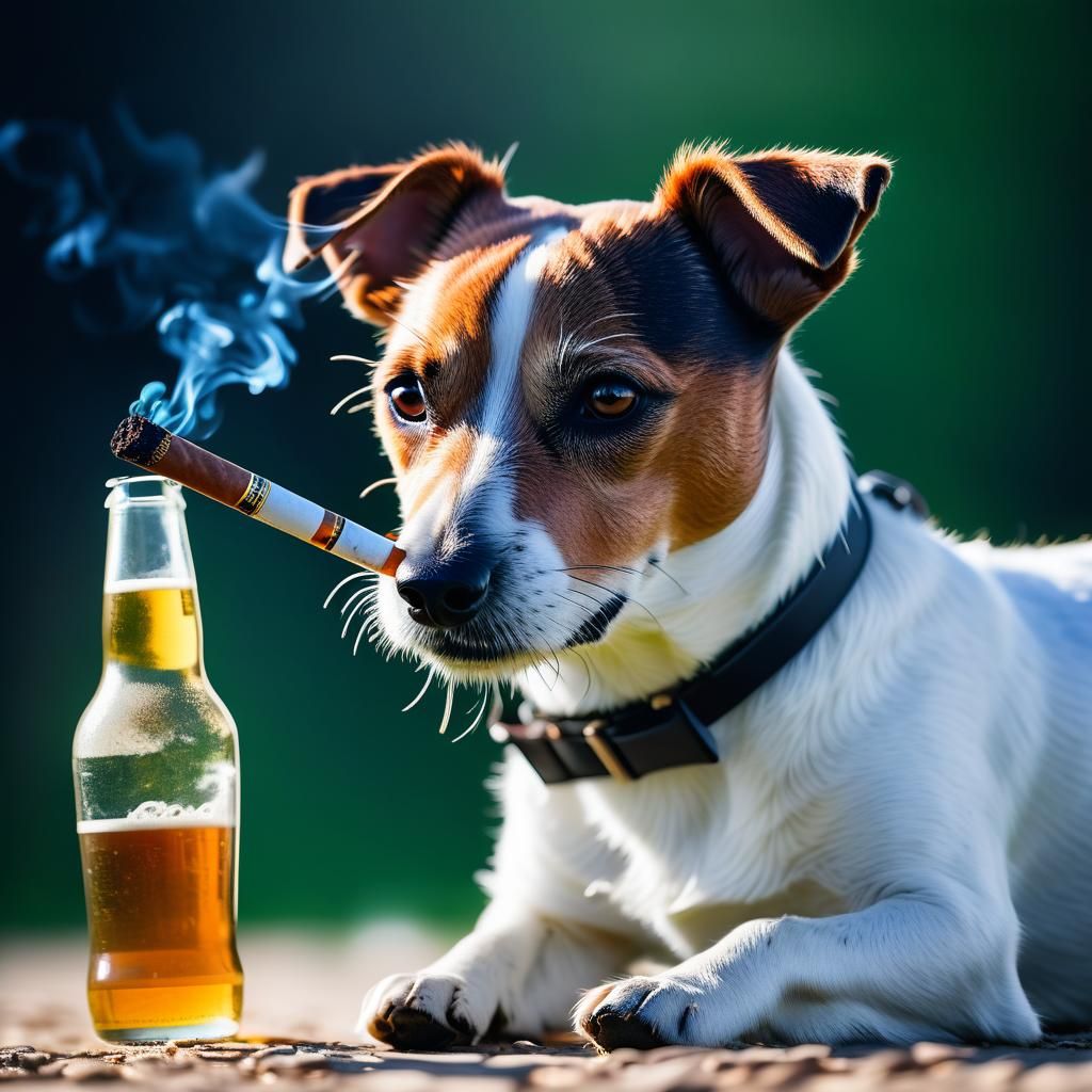 Jack Russel Terrier Enjoying Cigarette and Beer