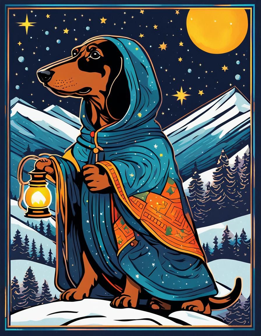 Dachshund as 'The Hermit' Tarot Card in Pop Art Style