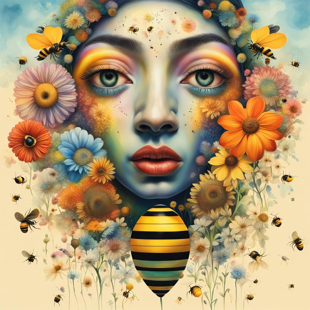 Surreal Fusion: Bees, Flowers, Rainbow and Faces