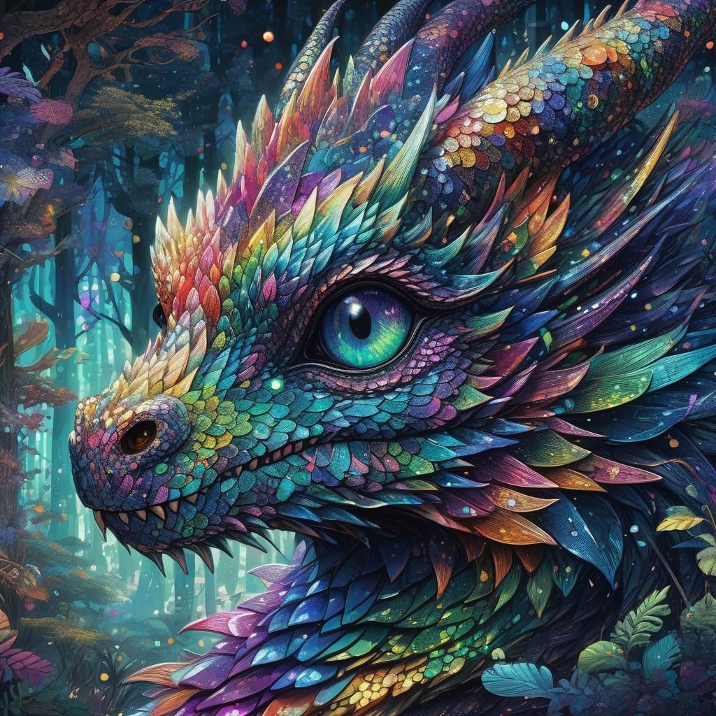 Rainbow Sequins Dragon in Fantasy Forest Illustration