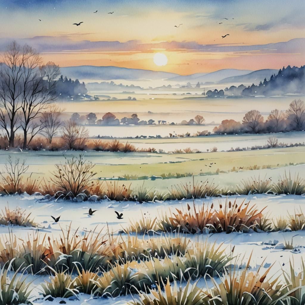 Winter Sunrise Watercolor Landscape with Fog