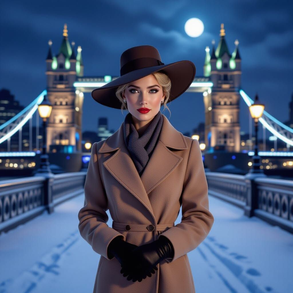 Elegant Woman on Snowy London Bridge at Night