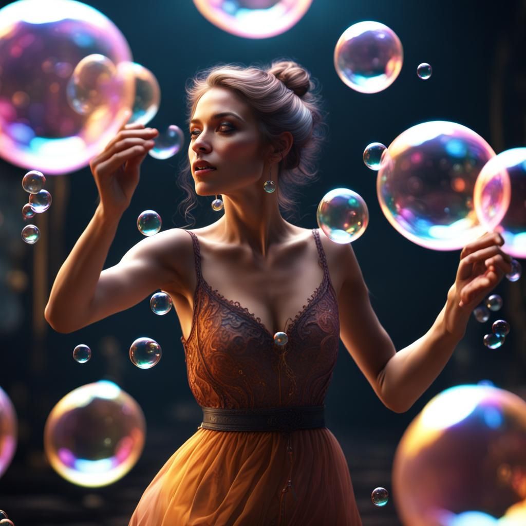 Woman Dancing Among Soap Bubbles in Detailed Matte Painting