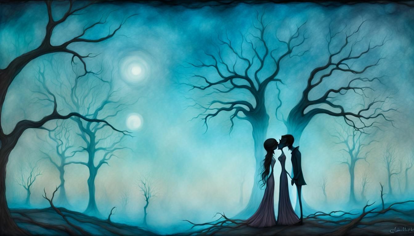 Ghostly Couple's Final Kiss in Dark Whimsy Landscape