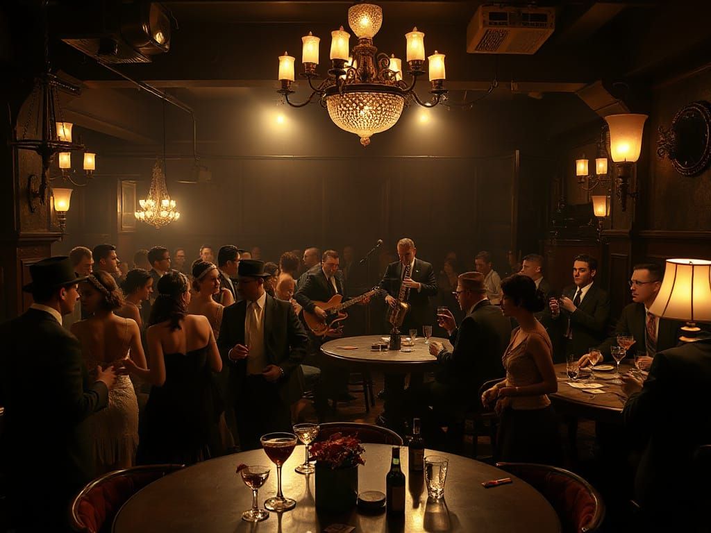 1920s New York City Speakeasy in Rich Matte Painting Style