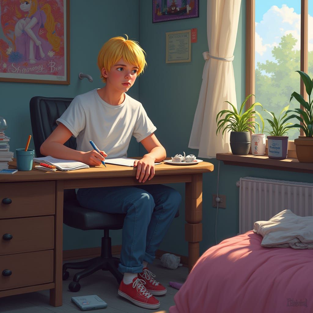 Blond Guy at Cluttered Desk, Matte Painting
