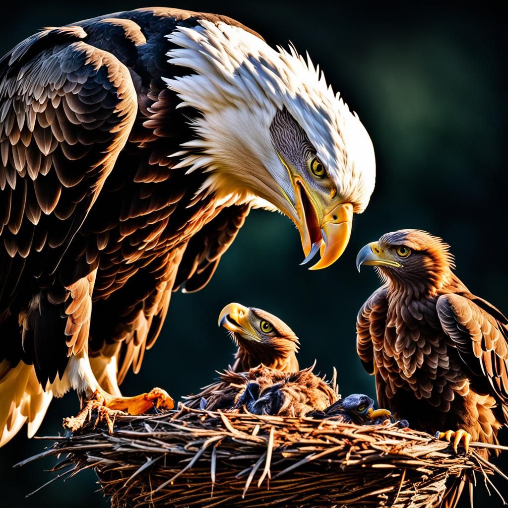 Emotional Portrait of Eagle Feeding Young