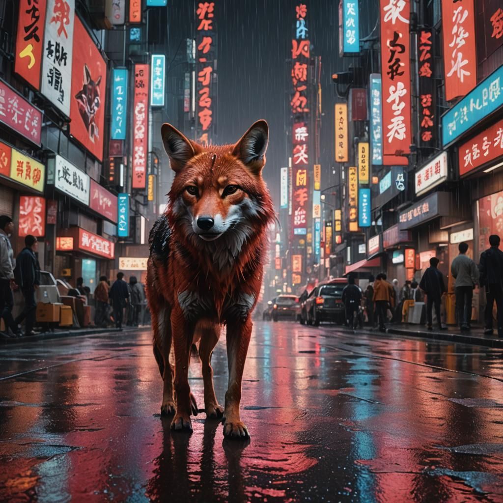 Red Coyote in Dystopian Tokyo: Cyberpunk Cityscape