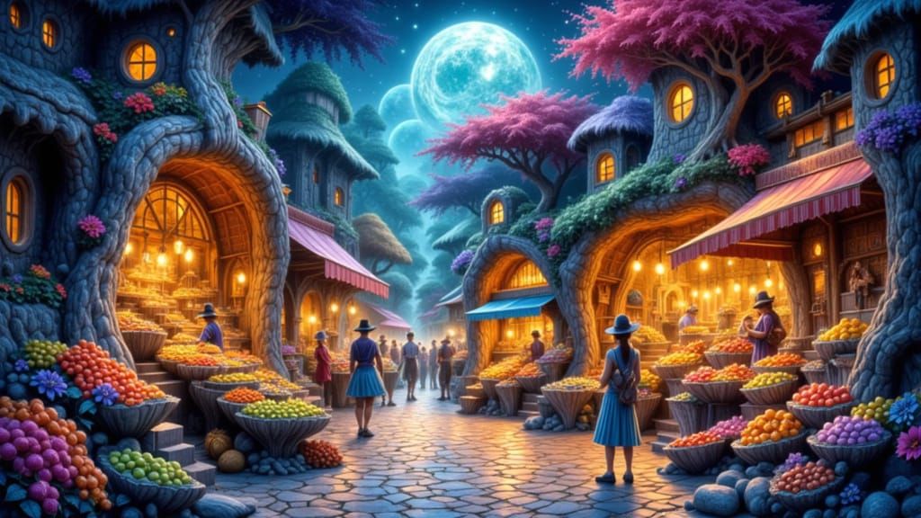 Whimsical Geode Marketplace with Goblin and Glowing Fruits
