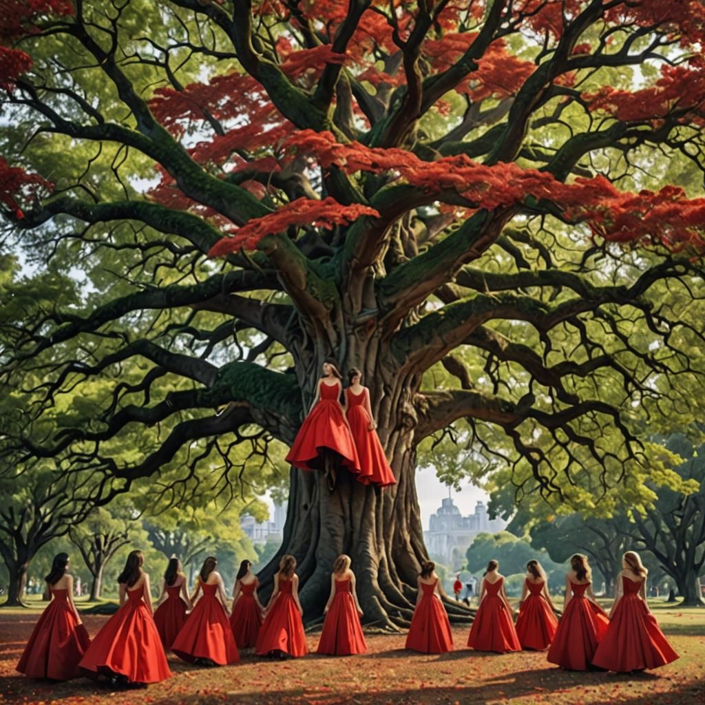Surreal Tree Bearing Women in Red Dresses