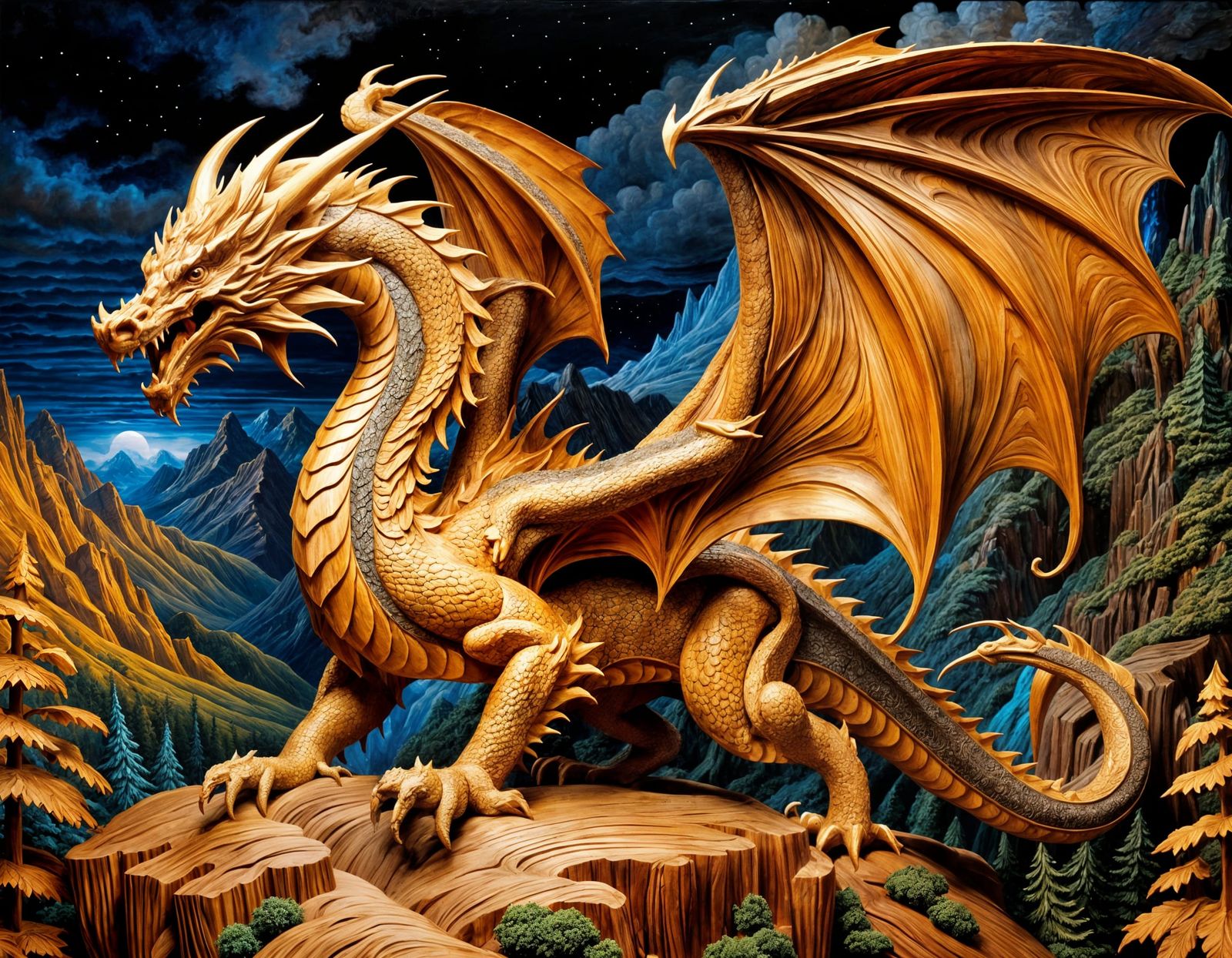 Hyperrealistic Wood Carving of a Dragon