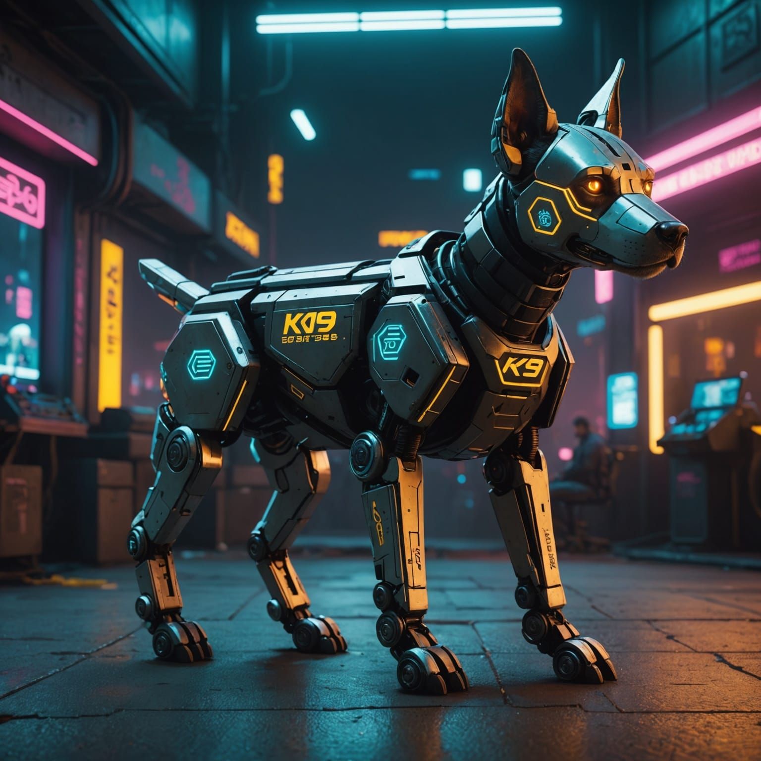 Cyberpunk K-9 Robot Dog in Neon Cityscape