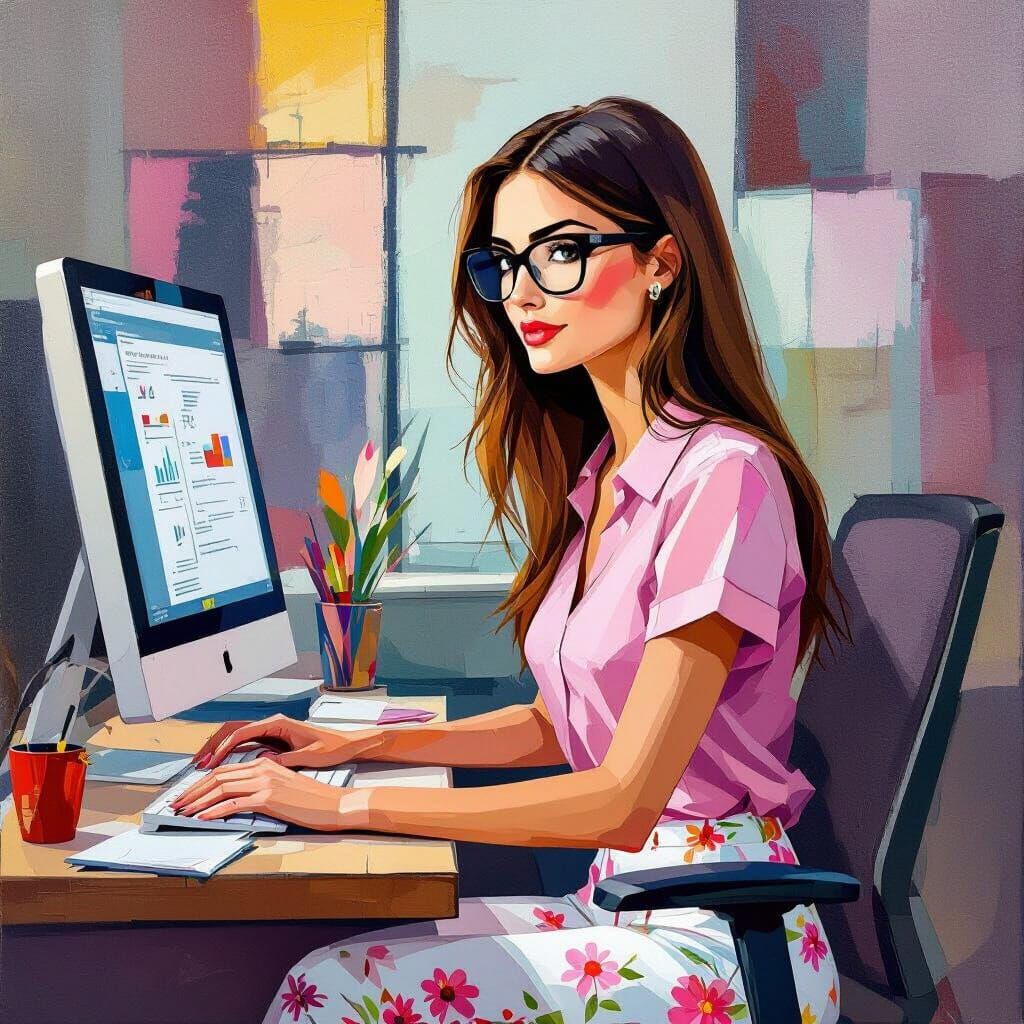 Accountant in Cubist Office with Vibrant Colors