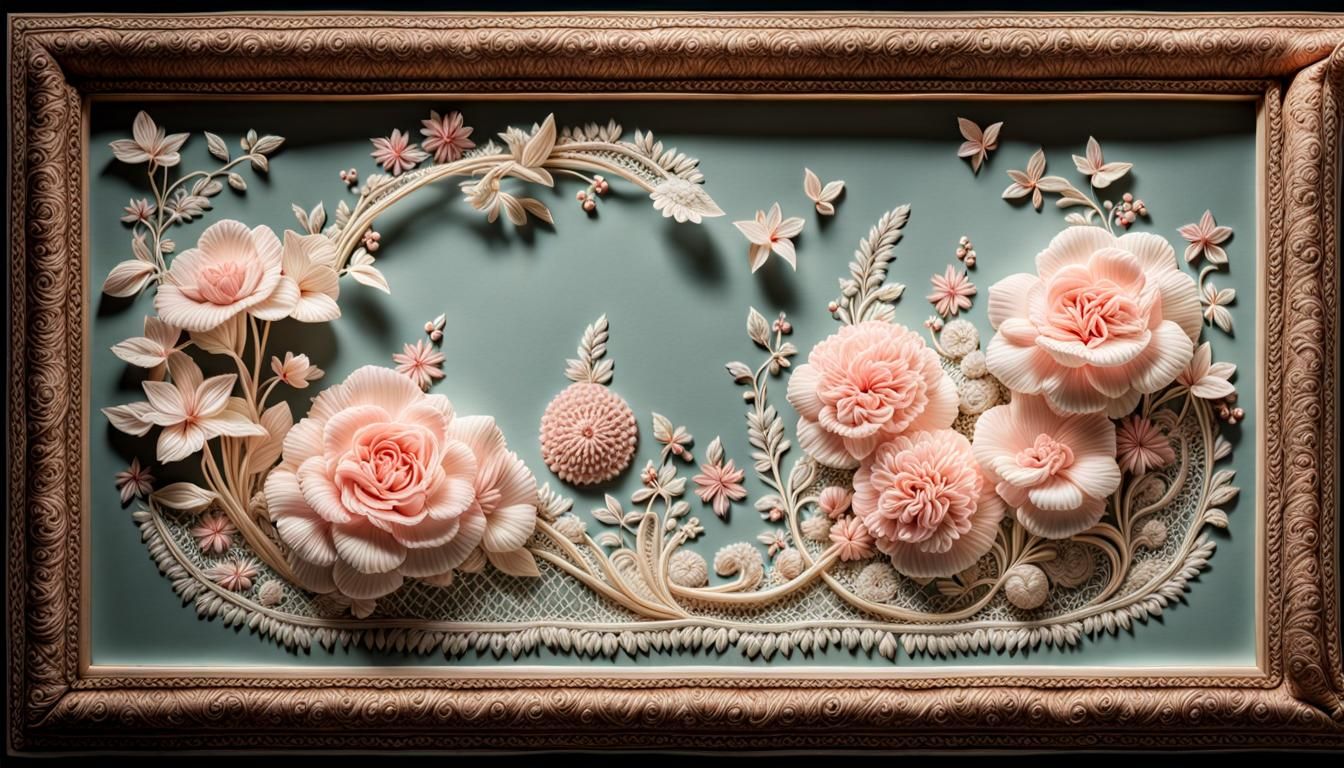 Detailed Lace Art in Ornate Frame, Hyper-Realistic