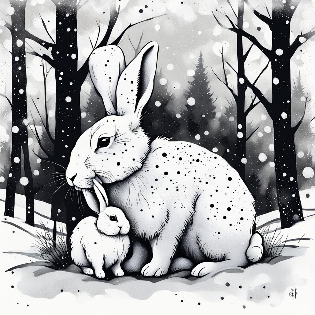 Mother and Baby Rabbit in Winter Sumi-e Illustration