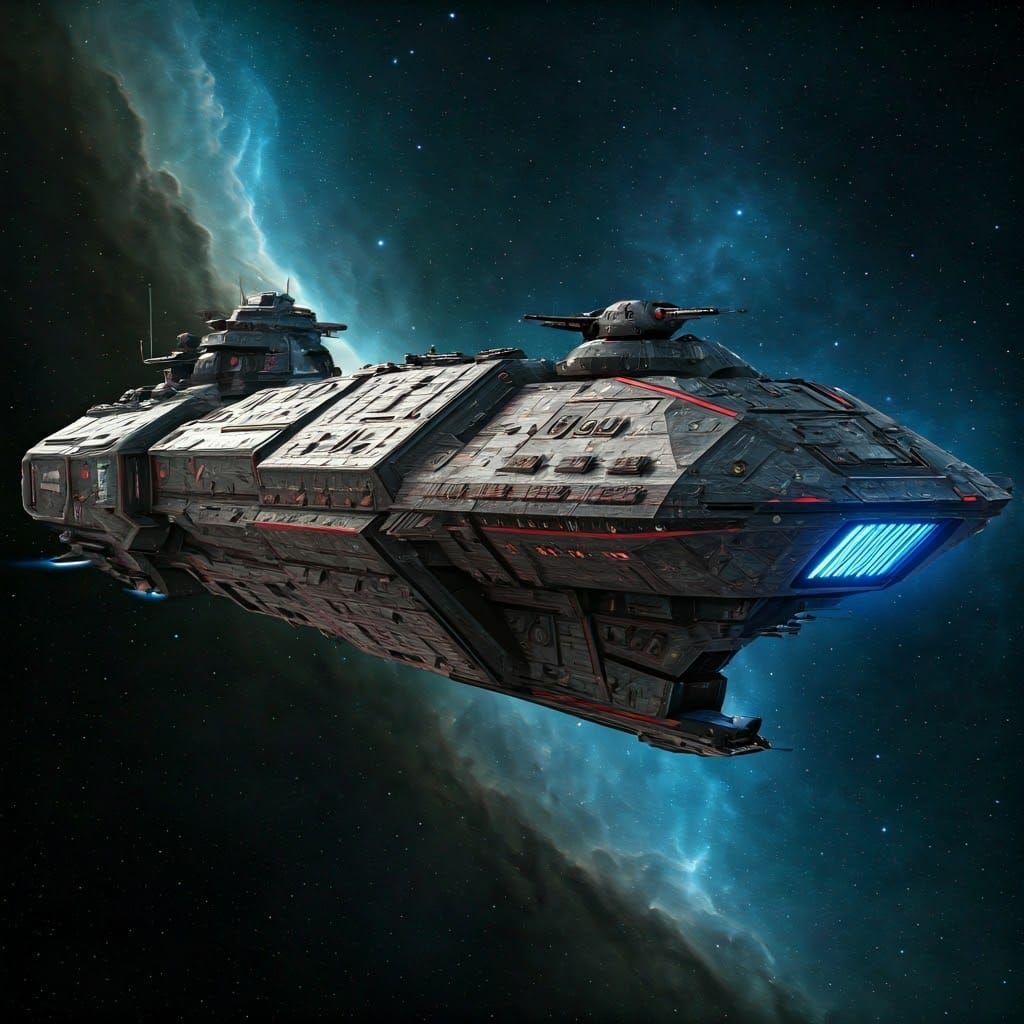 Colossal Steel Warship in Ethereal Nebula