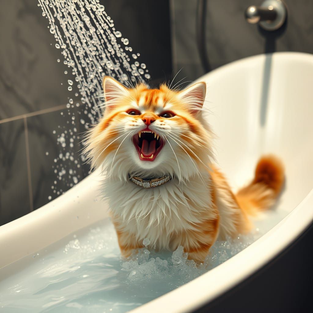 Joyful Wet Cat Plays in Modern Bathtub, Photorealistic Style