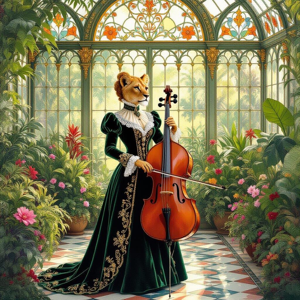 Lioness in Emerald Suit in Greenhouse, Watercolor Style