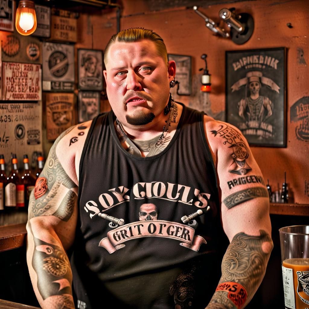 Biker Bar Bartender Portrait in Photorealistic Style