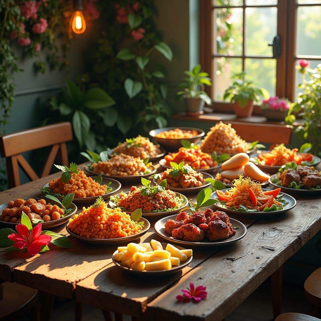 Plant-Based Feast in a Matte Painting Style
