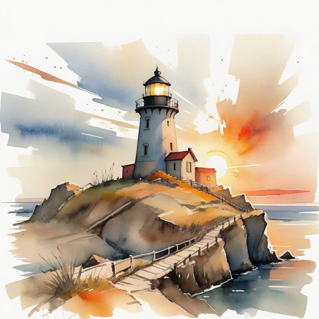 Expressionist Lighthouse at Sunset with Stark Outlines