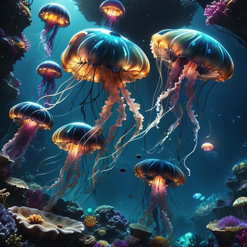 Glowing Jellyfish and Mantas in Dark Reef