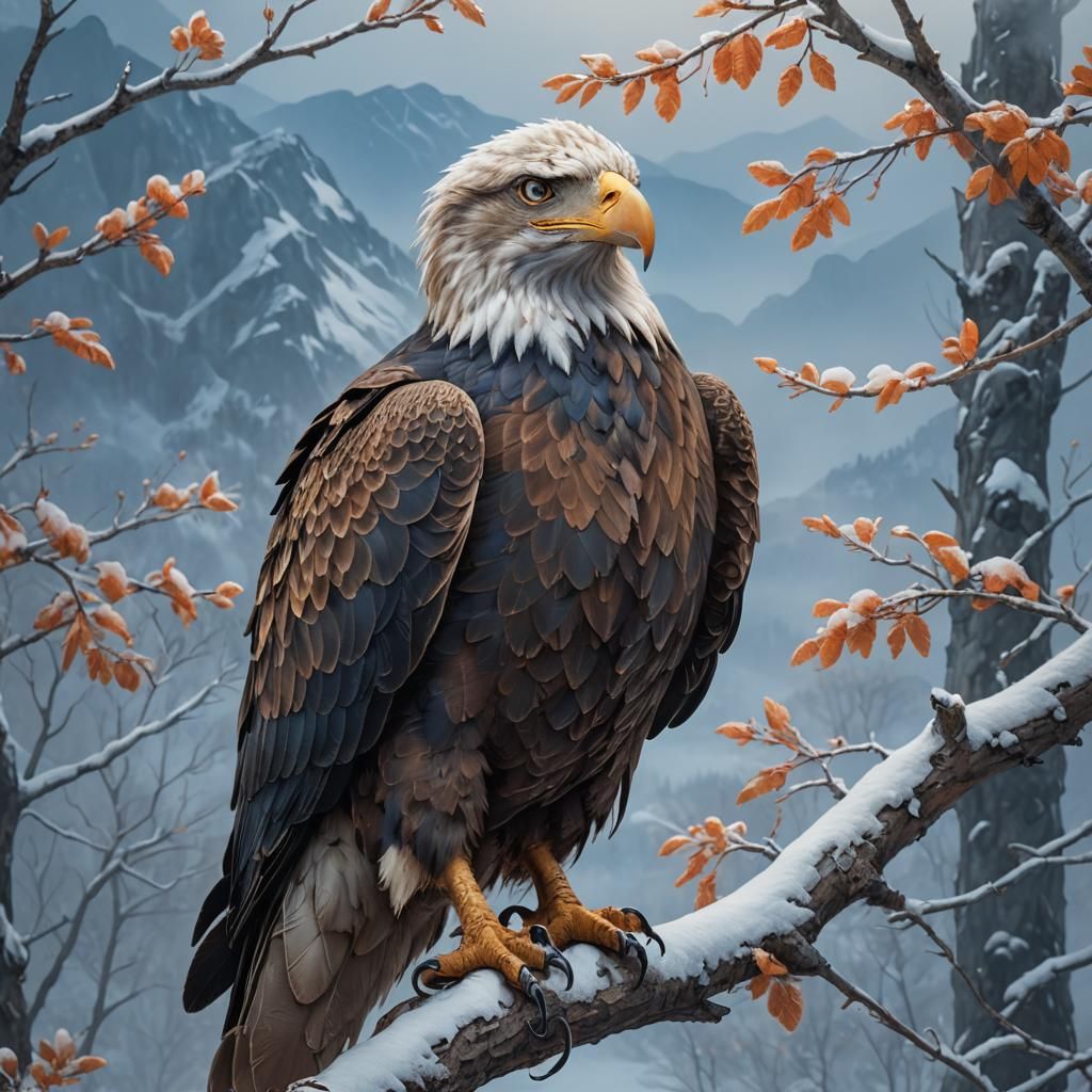 Majestic Eagle Perched on Snowy Branch in Wildlife Art