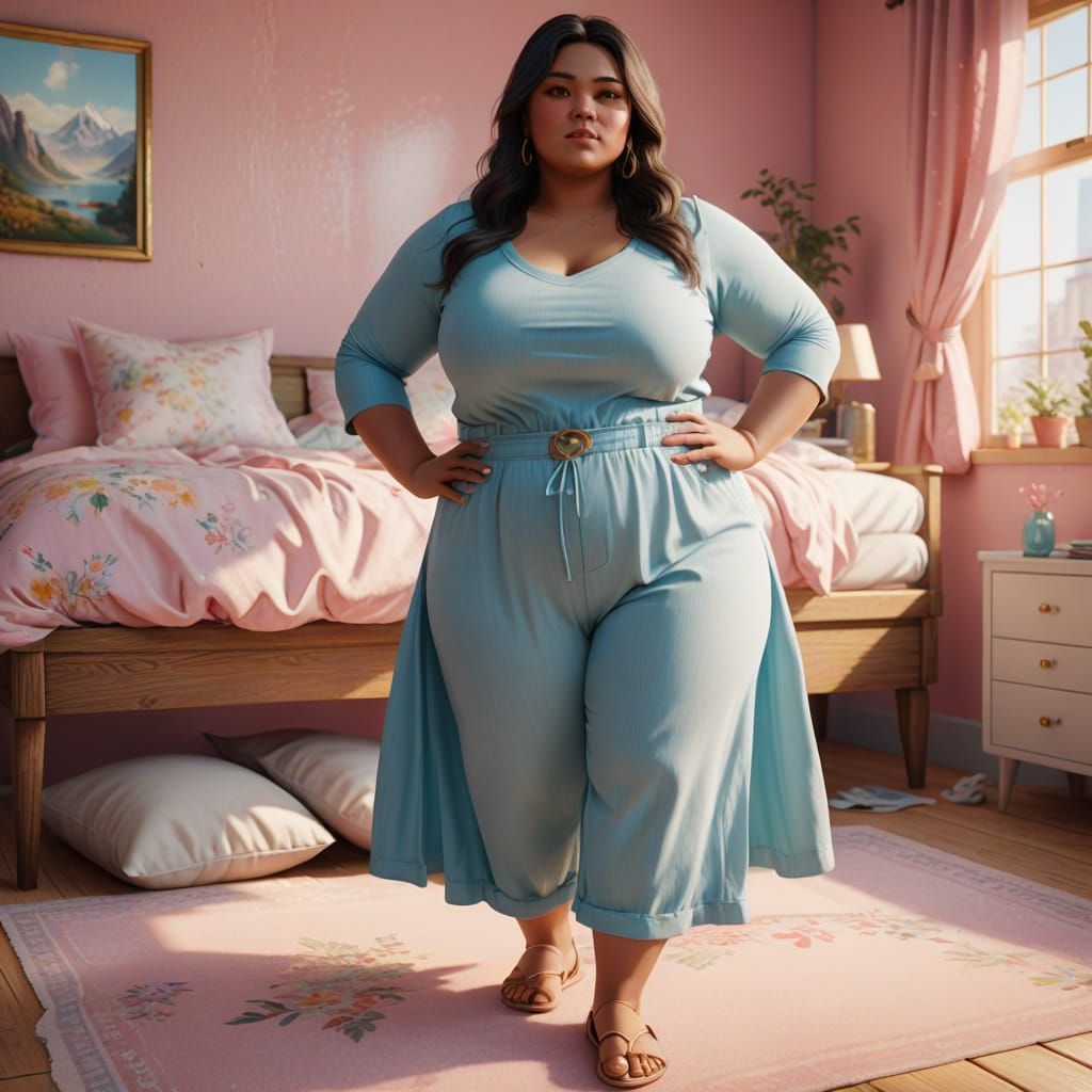 Fat Woman Poses in Cozy Bedroom: Oil Painting