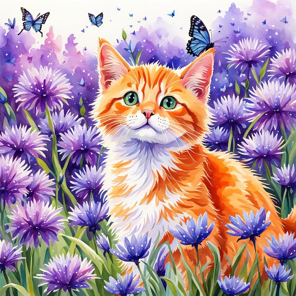 Kitten Mesmerized by Butterflies, Watercolor Painting