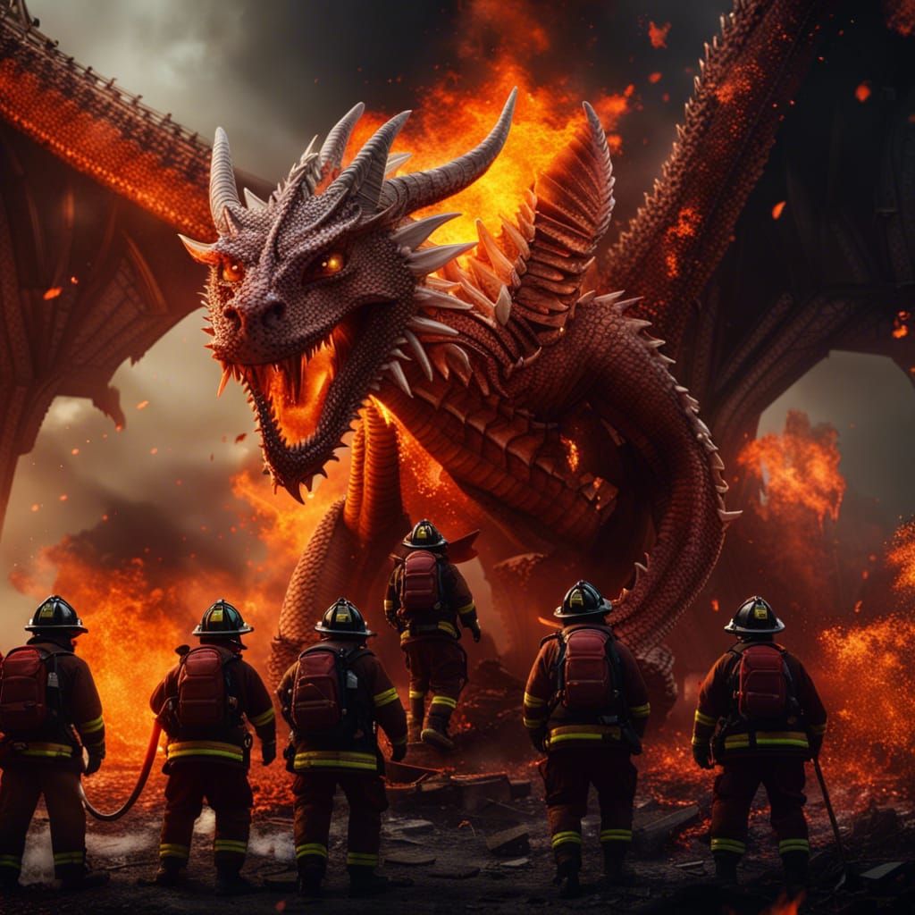 Firefighters vs Dragon: Detailed Fantasy Concept Art