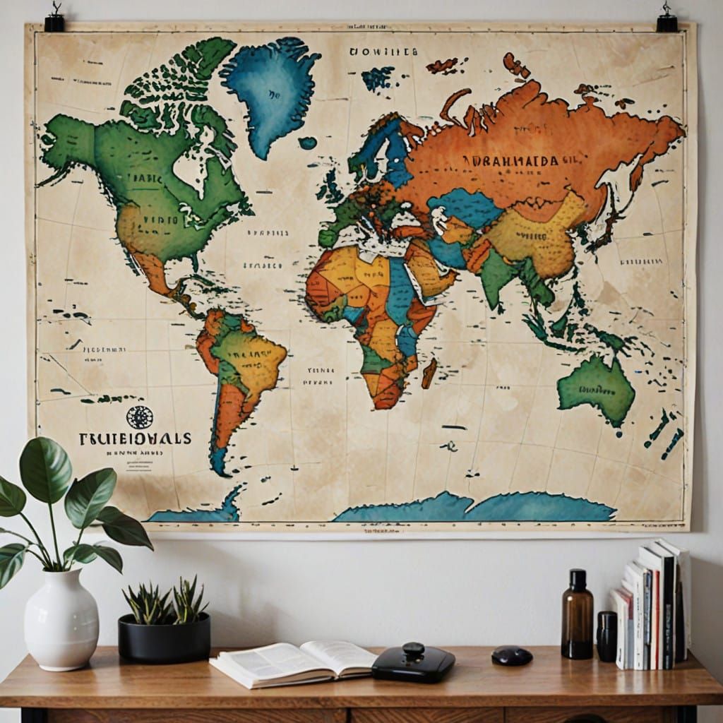 Vintage-Style World Map Poster on a Distressed Wall