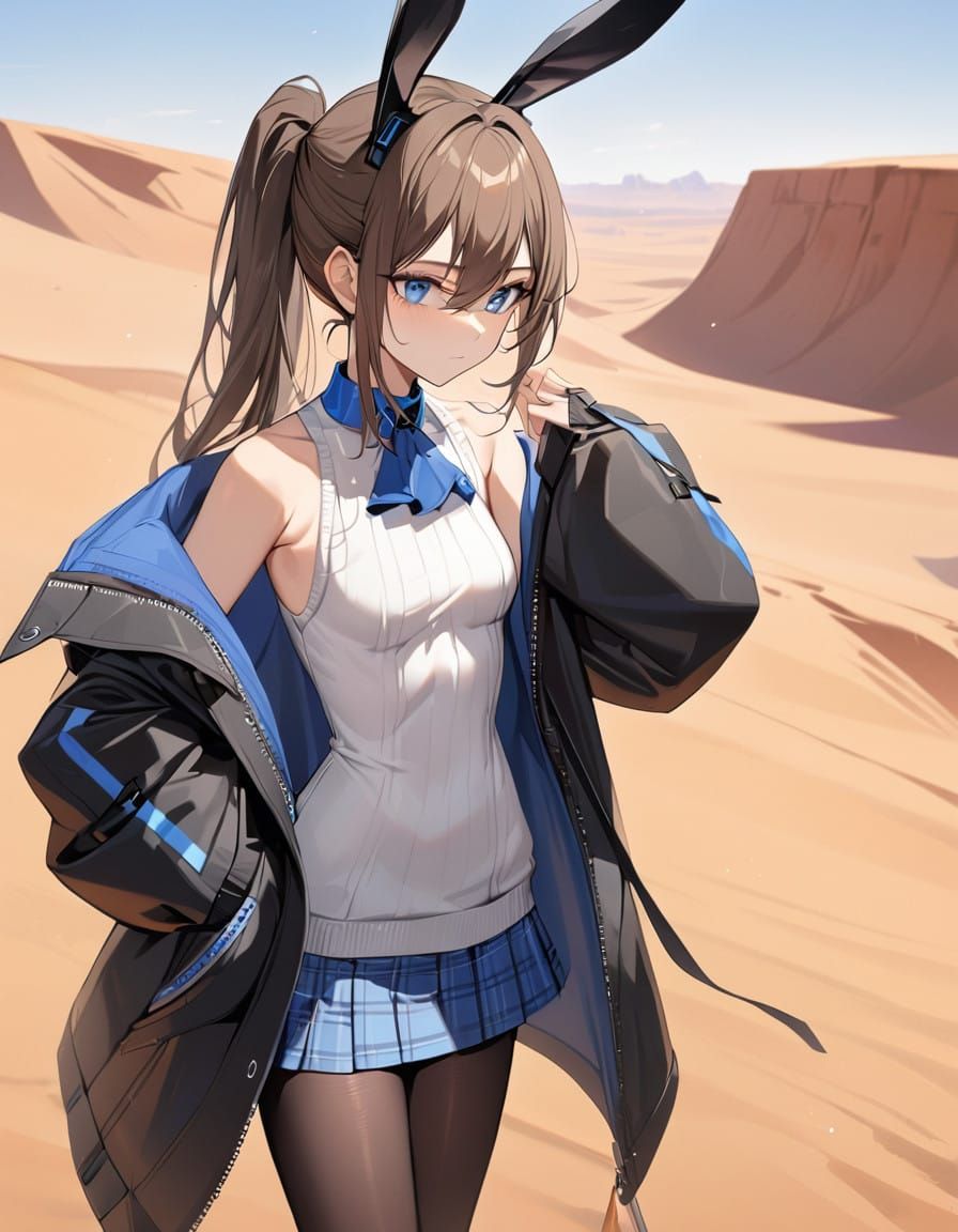 Girl in Futuristic Cowboy Attire Stands in the Desert