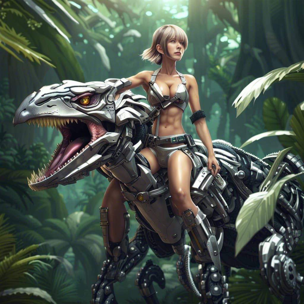 Woman Rides Cyborg Velociraptor in Anime Style