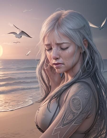 Detailed Pen and Ink Drawing: Woman's Beach Memory