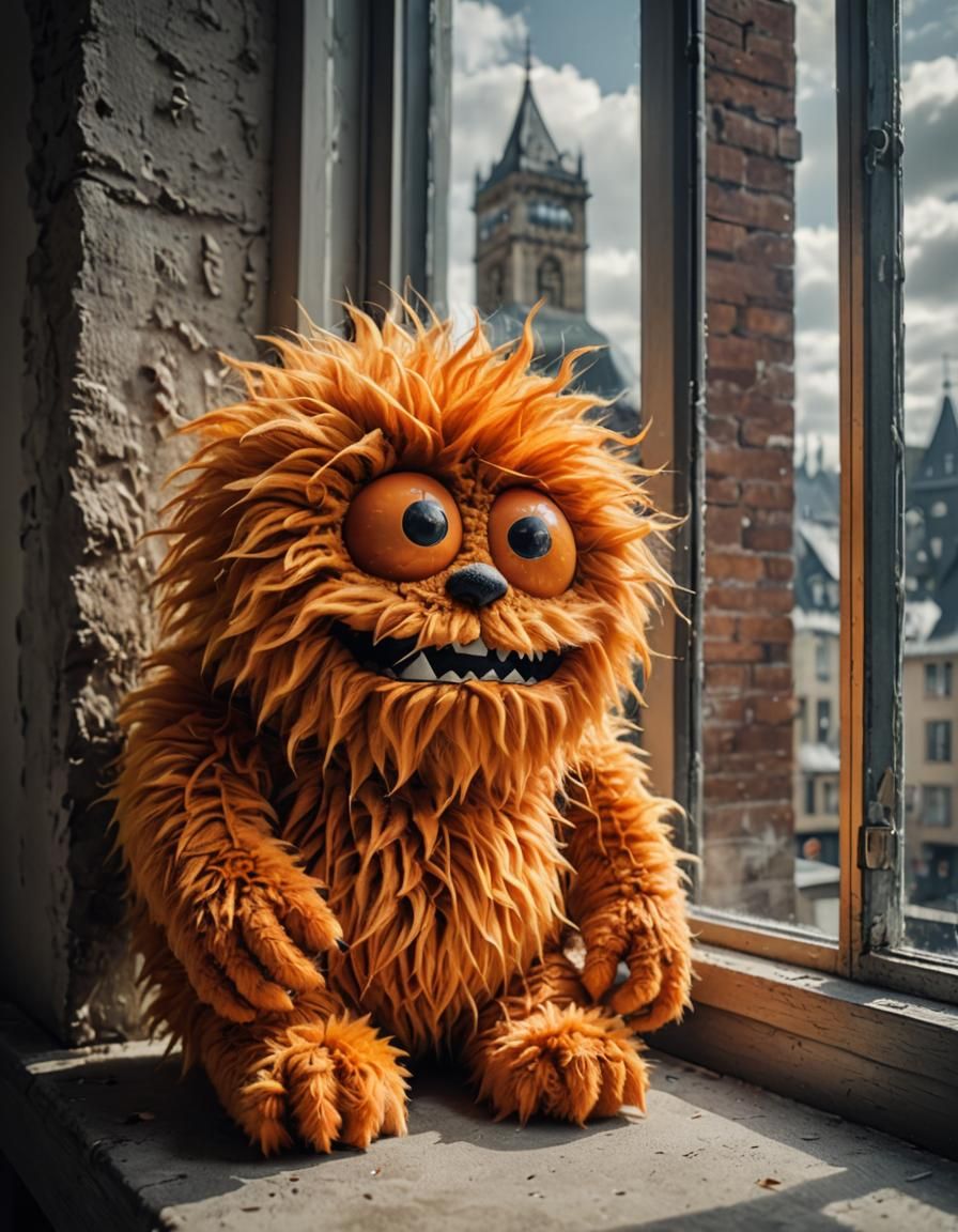 Furry fluffy fuzzy orange monster, soft toy, cute little mon...