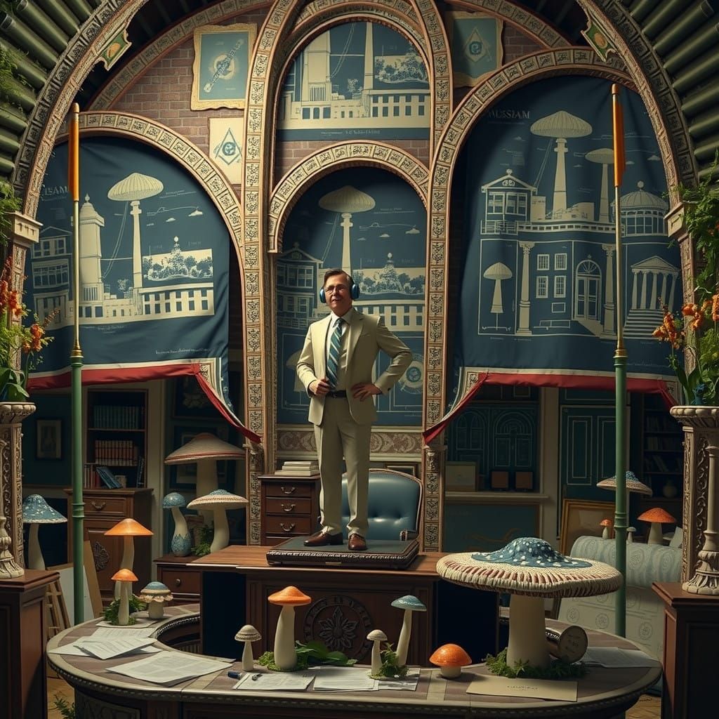 Satirical Bureaucrat Amongst Whimsical Mushroom Prints