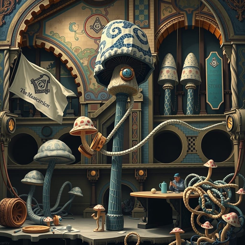 Enchanted Mushroom Sculpture in Whimsical Mosaic Style