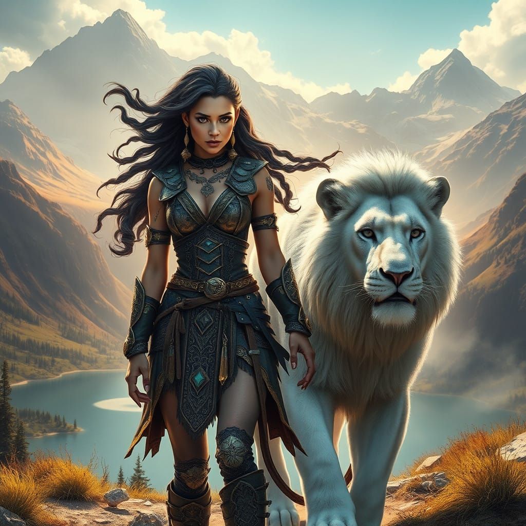 Ethereal Warrior Goddess with Majestic Snow-White Lion in Mo...