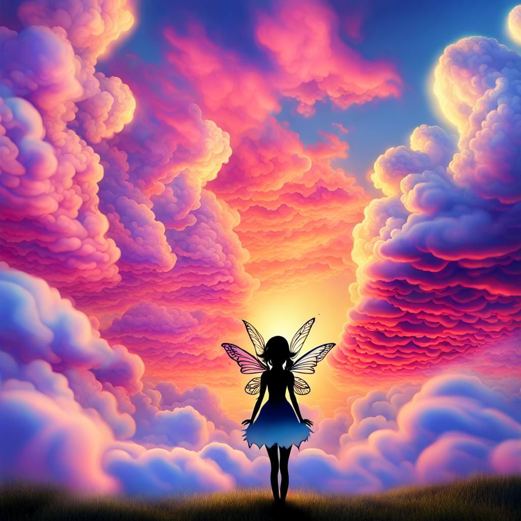 Trippy Sunset Fairy in Dreamy Cloudscape