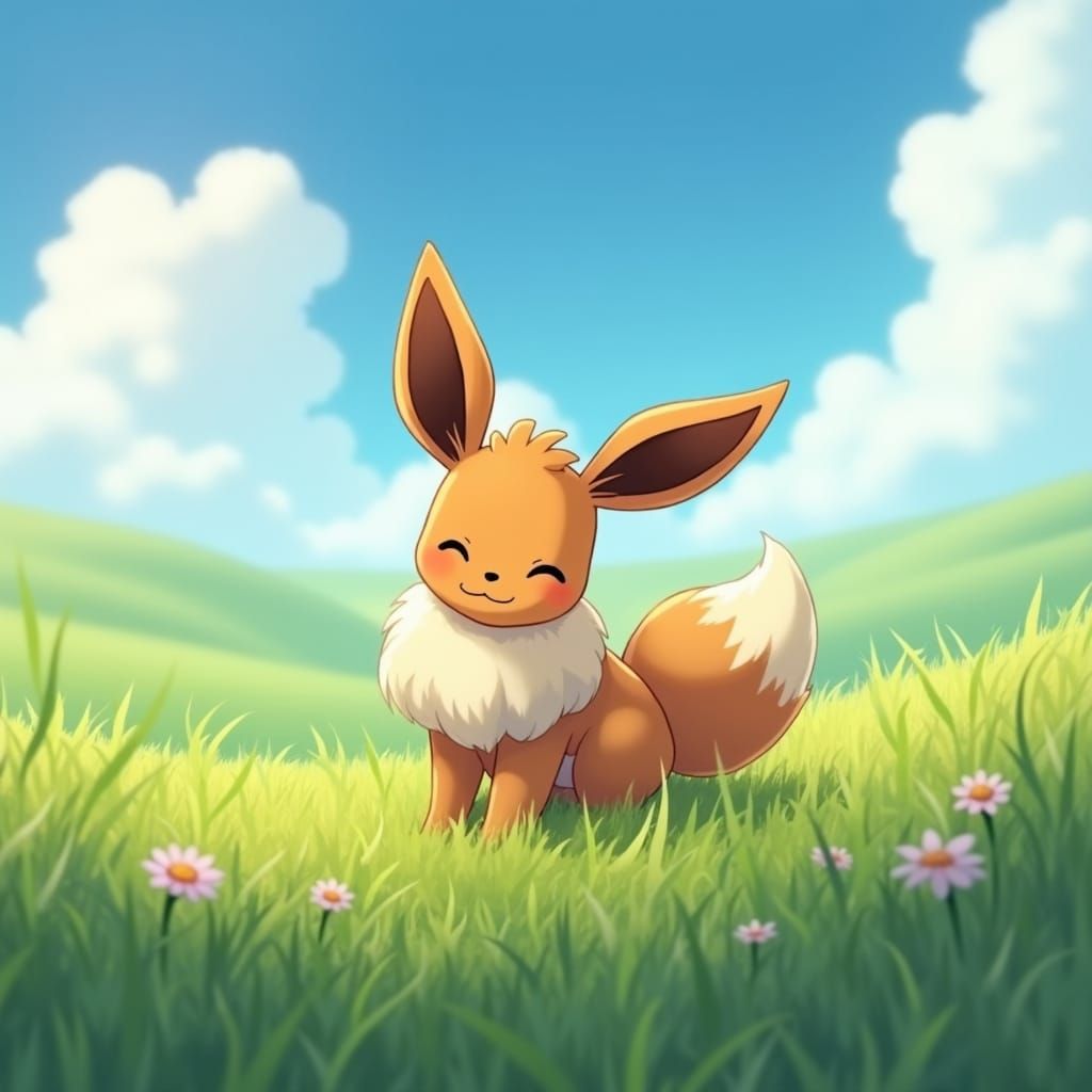 Eevee in Emerald Meadow, Digital Matte Painting