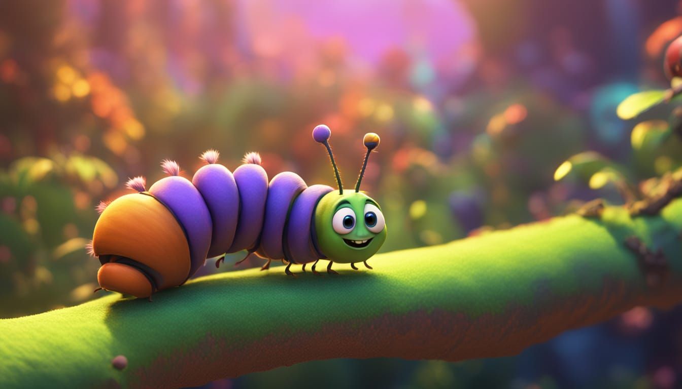 Excited Caterpillar Points at Bird: 3D Digital Art